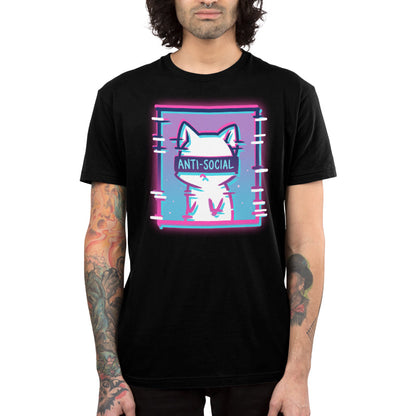 Premium Cotton T-shirt_TeeTurtle Anti-Social Cat black t-shirt featuring a white cat with "ANTI-SOCIAL" written over its eyes inside of a square with a gradient pink and blue background.