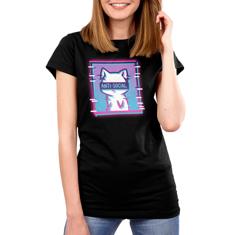 Premium Cotton T-shirt_TeeTurtle Anti-Social Cat black t-shirt featuring a white cat with "ANTI-SOCIAL" written over its eyes inside of a square with a gradient pink and blue background.