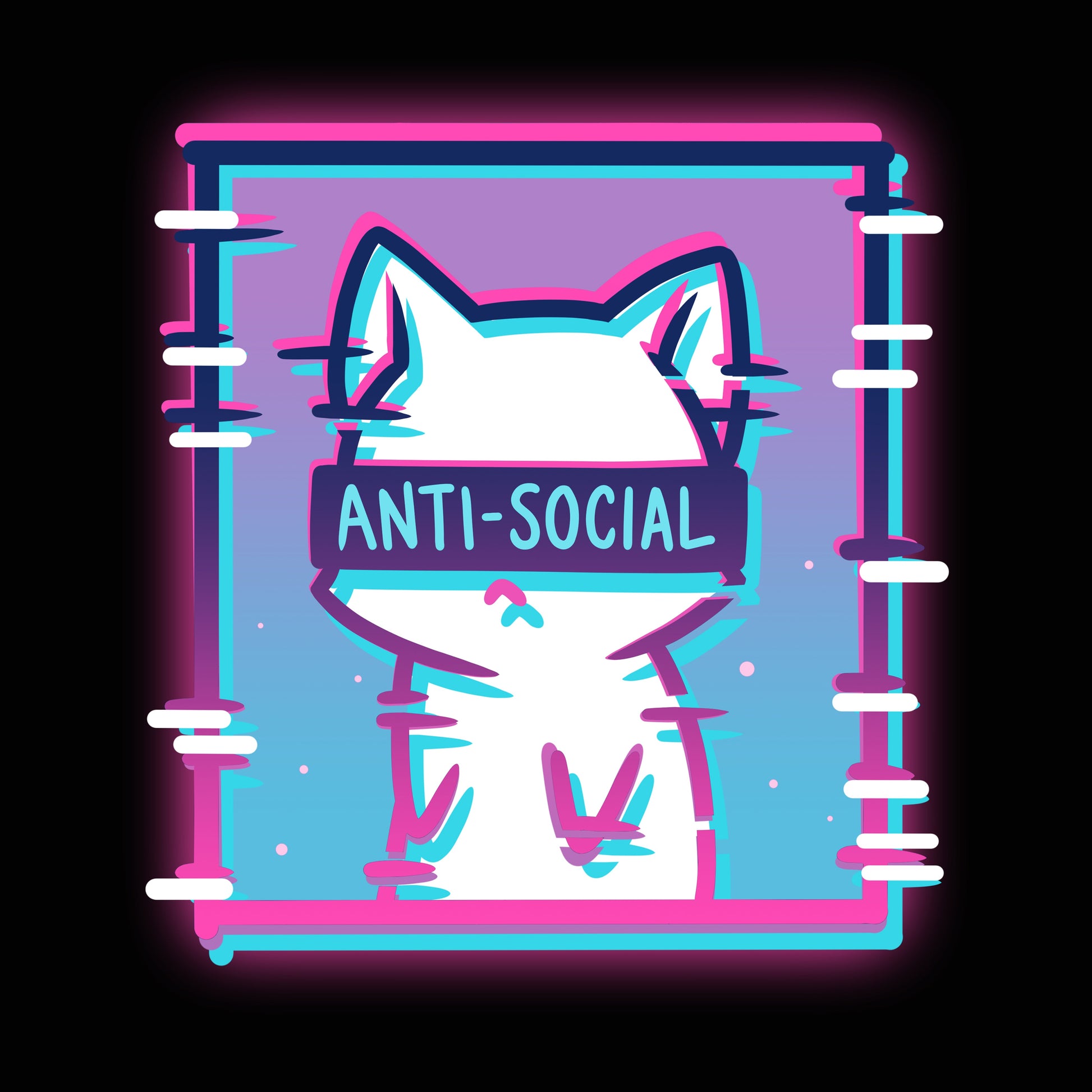 Premium Cotton T-shirt_TeeTurtle Anti-Social Cat black t-shirt featuring a white cat with "ANTI-SOCIAL" written over its eyes inside of a square with a gradient pink and blue background.