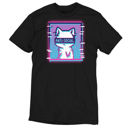 Premium Cotton T-shirt_TeeTurtle Anti-Social Cat black t-shirt featuring a white cat with "ANTI-SOCIAL" written over its eyes inside of a square with a gradient pink and blue background.