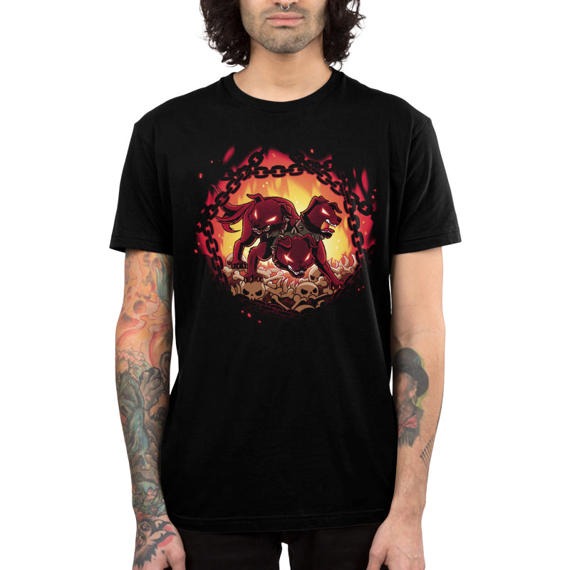 Premium Cotton T-shirt_TeeTurtle Bloodthirsty Cerberus black t-shirt featuring the red three-headed dog Cerberus looking angry wearing spikey collars and standing on top of bones and skulls surrounded by chains and flames.