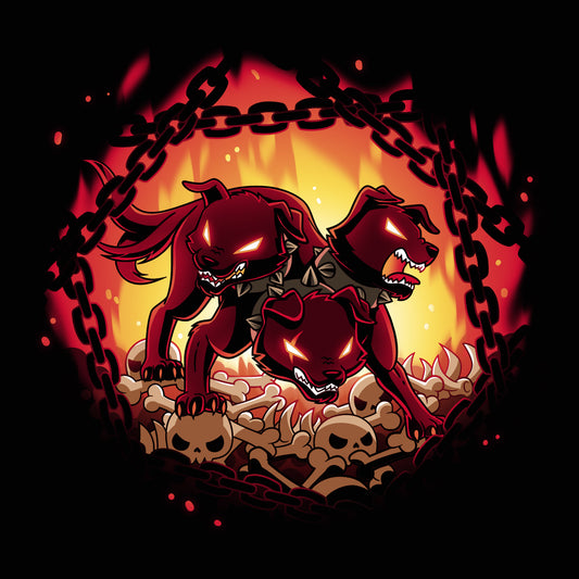 Premium Cotton T-shirt_TeeTurtle Bloodthirsty Cerberus black t-shirt featuring the red three-headed dog Cerberus looking angry wearing spikey collars and standing on top of bones and skulls surrounded by chains and flames.