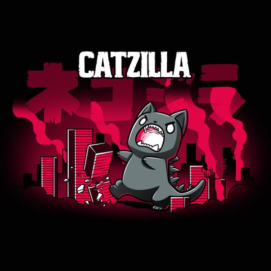 Premium Cotton T-shirt_TeeTurtle Catzilla black t-shirt featuring an illustration of an angry gray cat terrorizing a city knocking down red, blocky buildings with reddish-pink smoke filling the air and 