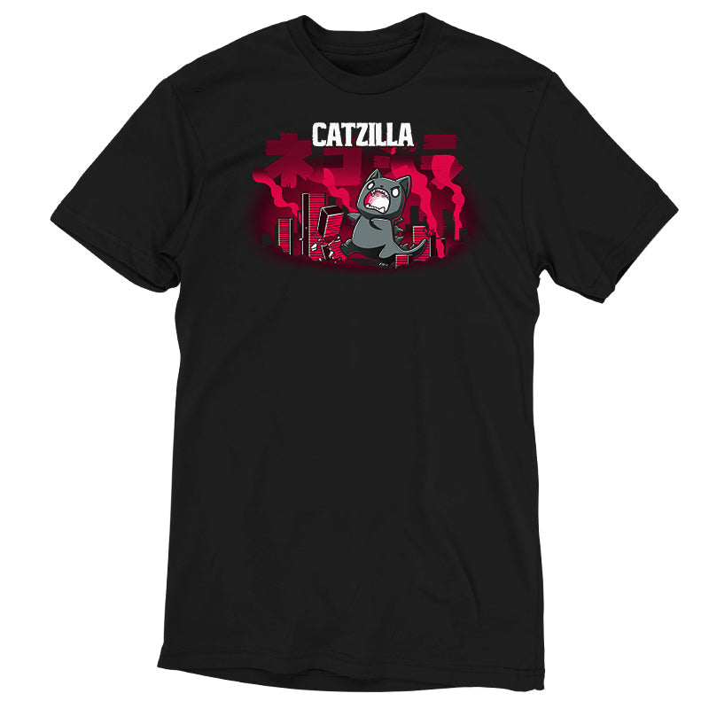 Premium Cotton T-shirt_TeeTurtle Catzilla black t-shirt featuring an illustration of an angry gray cat terrorizing a city knocking down red, blocky buildings with reddish-pink smoke filling the air and "Catzilla" written above the graphic. The text beneath the word CATZILLA resembles Japanese characters or simplified Chinese characters.