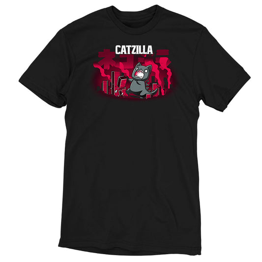 Premium Cotton T-shirt_TeeTurtle Catzilla black t-shirt featuring an illustration of an angry gray cat terrorizing a city knocking down red, blocky buildings with reddish-pink smoke filling the air and 