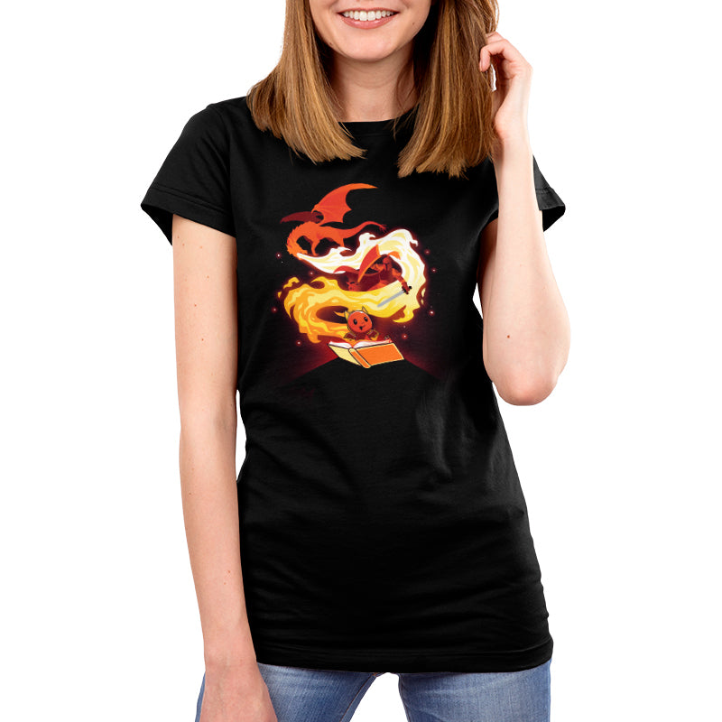 Premium Cotton T-shirt_TeeTurtle Get Lost black t-shirt featuring a red knight trying to slay a red, fire breathing dragon overhead that is spewing a spiraling flame, with a smaller red dragon holding a book smiling at the bottom.