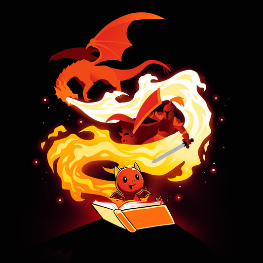 Premium Cotton T-shirt_TeeTurtle Get Lost black t-shirt featuring a red knight trying to slay a red, fire breathing dragon overhead that is spewing a spiraling flame, with a smaller red dragon holding a book smiling at the bottom.