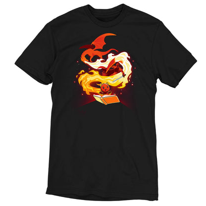 Premium Cotton T-shirt_TeeTurtle Get Lost black t-shirt featuring a red knight trying to slay a red, fire breathing dragon overhead that is spewing a spiraling flame, with a smaller red dragon holding a book smiling at the bottom.