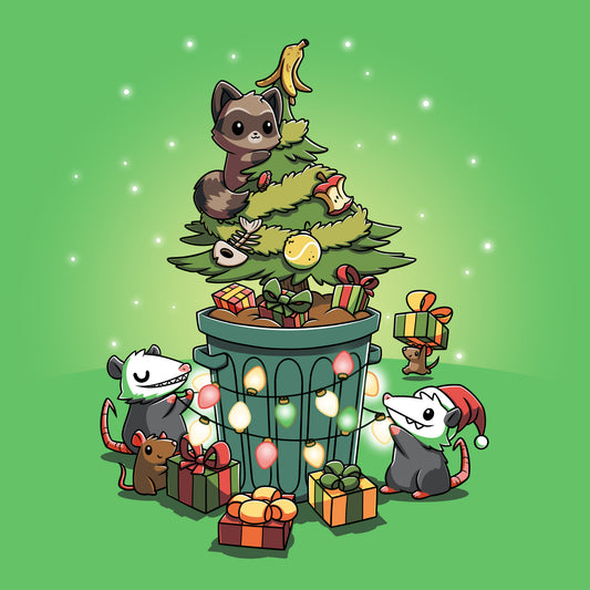 Premium Cotton T-shirt - featuring a raccoon, 2 opossums, and 2 rats decorating a Christmas tree with presents and foot scraps inside a trash can