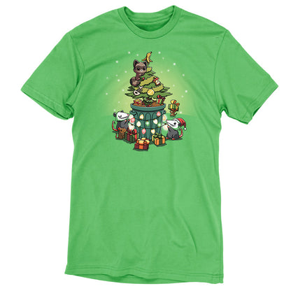 Premium Cotton T-shirt - featuring a raccoon, 2 opossums, and 2 rats decorating a Christmas tree with presents and foot scraps inside a trash can