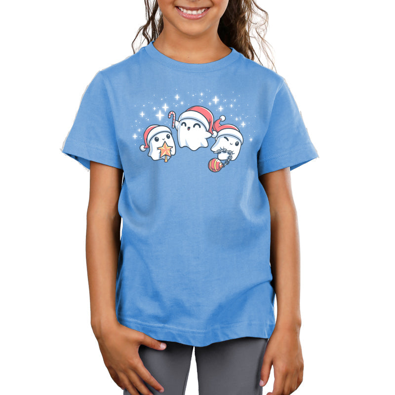 Premium Cotton T-shirt - Three ghosts wearing Santa hats and Christmas decorations on a Holiday Spirits apparel by TeeTurtle.