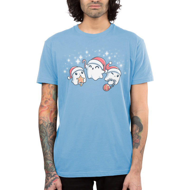 Premium Cotton T-shirt - Three ghosts wearing Santa hats and Christmas decorations on a Holiday Spirits apparel by TeeTurtle.