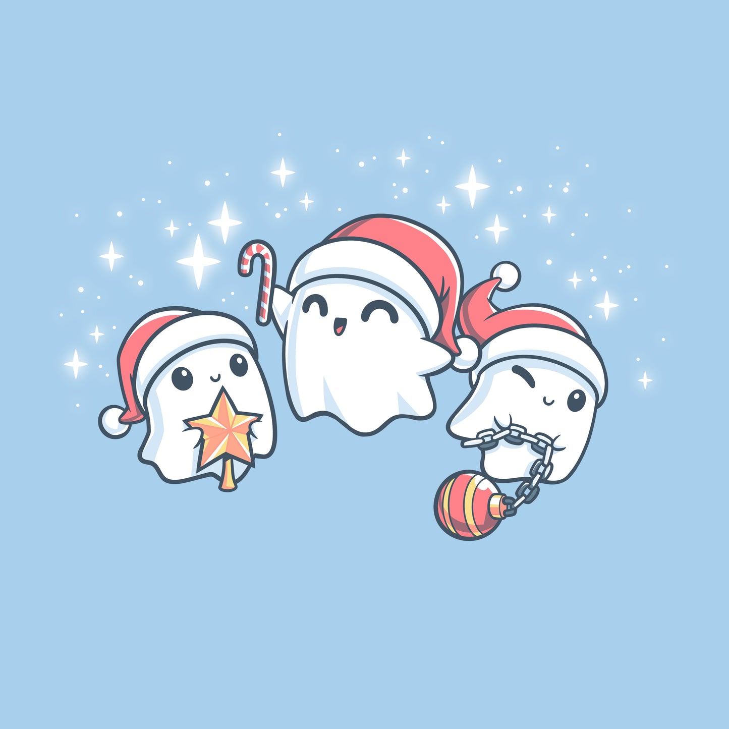 Premium Cotton T-shirt - Three ghosts wearing Santa hats and Christmas decorations on a Holiday Spirits apparel by TeeTurtle.