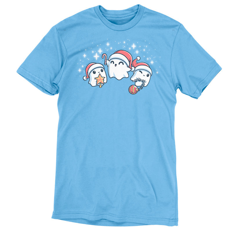 Premium Cotton T-shirt - Three ghosts wearing Santa hats and Christmas decorations on a Holiday Spirits apparel by TeeTurtle.