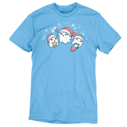 Premium Cotton T-shirt - Three ghosts wearing Santa hats and Christmas decorations on a Holiday Spirits apparel by TeeTurtle.