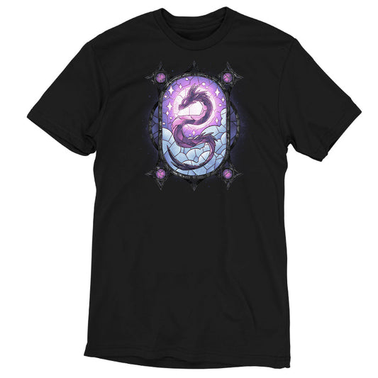 Premium Cotton T-shirt_TeeTurtle Stained Glass Dragon black t-shirt featuring an illustration of a purple dragon in a stain glass with blue clouds and a purple sky with the dragon's head in the sun and its body spiraling throughout the design.