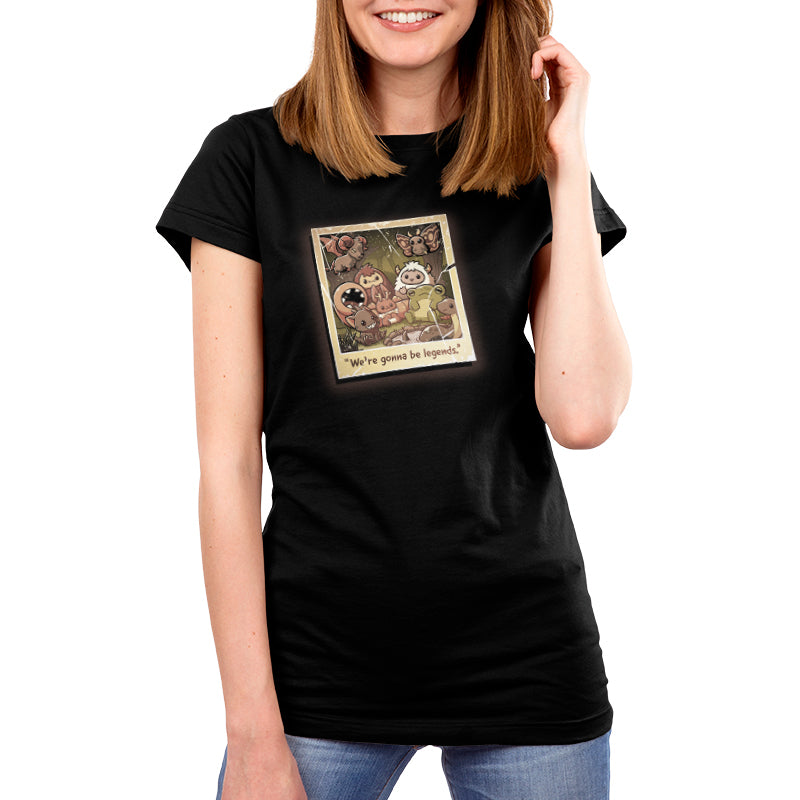 Premium Cotton T-shirt_TeeTurtle We're Gonna Be Legends black t-shirt featuring an illustration of a vintage polaroid photo showing a group picture with various mythical creatures in a woodland setting. "We're gonna be legends" is written underneath.