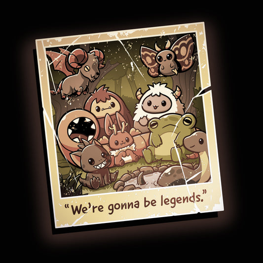 Premium Cotton T-shirt_TeeTurtle We're Gonna Be Legends black t-shirt featuring an illustration of a vintage polaroid photo showing a group picture with various mythical creatures in a woodland setting. 