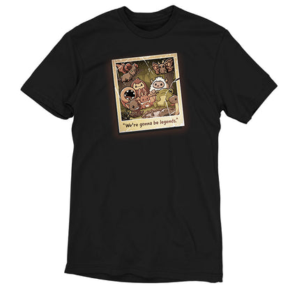 Premium Cotton T-shirt_TeeTurtle We're Gonna Be Legends black t-shirt featuring an illustration of a vintage polaroid photo showing a group picture with various mythical creatures in a woodland setting. "We're gonna be legends" is written underneath.