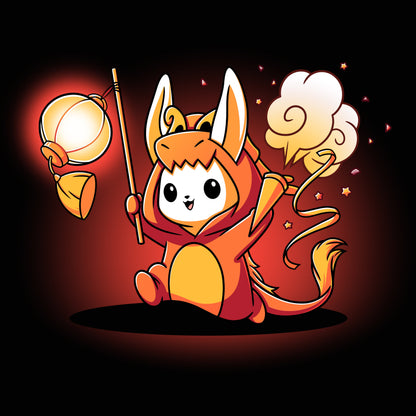 Premium Cotton T-shirt_TeeTurtle Year of the Dragon Kigurumi black t-shirt featuring a white bunny dressed in an orange dragon costume while holding party favors surrounded by orange stars.