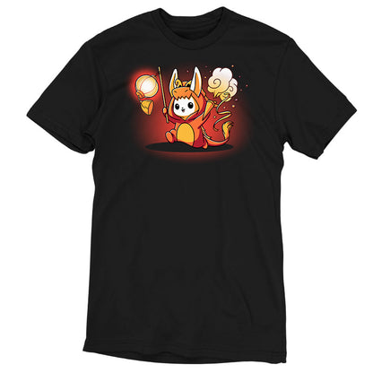 Premium Cotton T-shirt_TeeTurtle Year of the Dragon Kigurumi black t-shirt featuring a white bunny dressed in an orange dragon costume while holding party favors surrounded by orange stars.