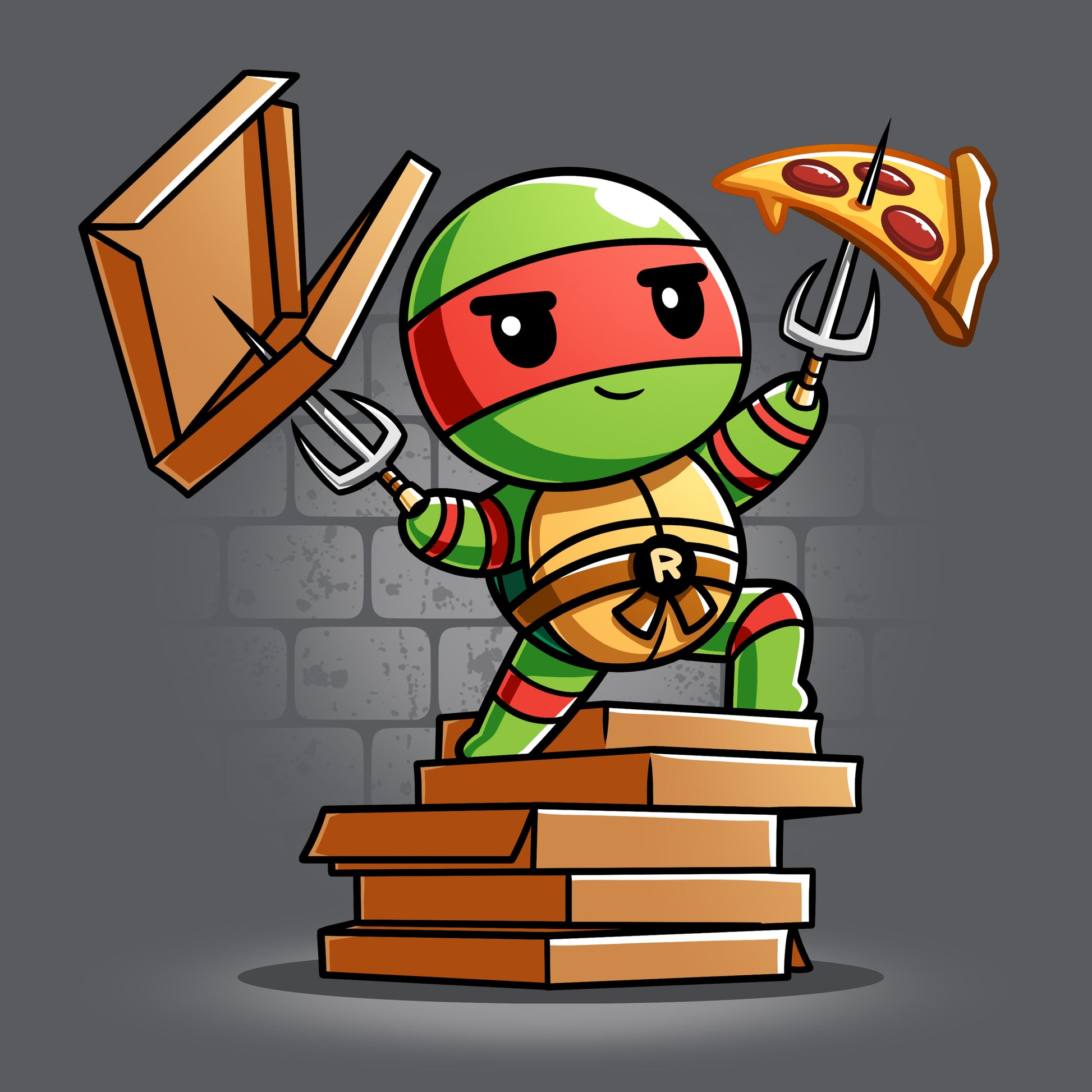 Premium Cotton T-shirt_TeeTurtle charcoal gray Pizza Power apparel featuring Raphael standing on a pile of pizza boxes with his weapons drawn.