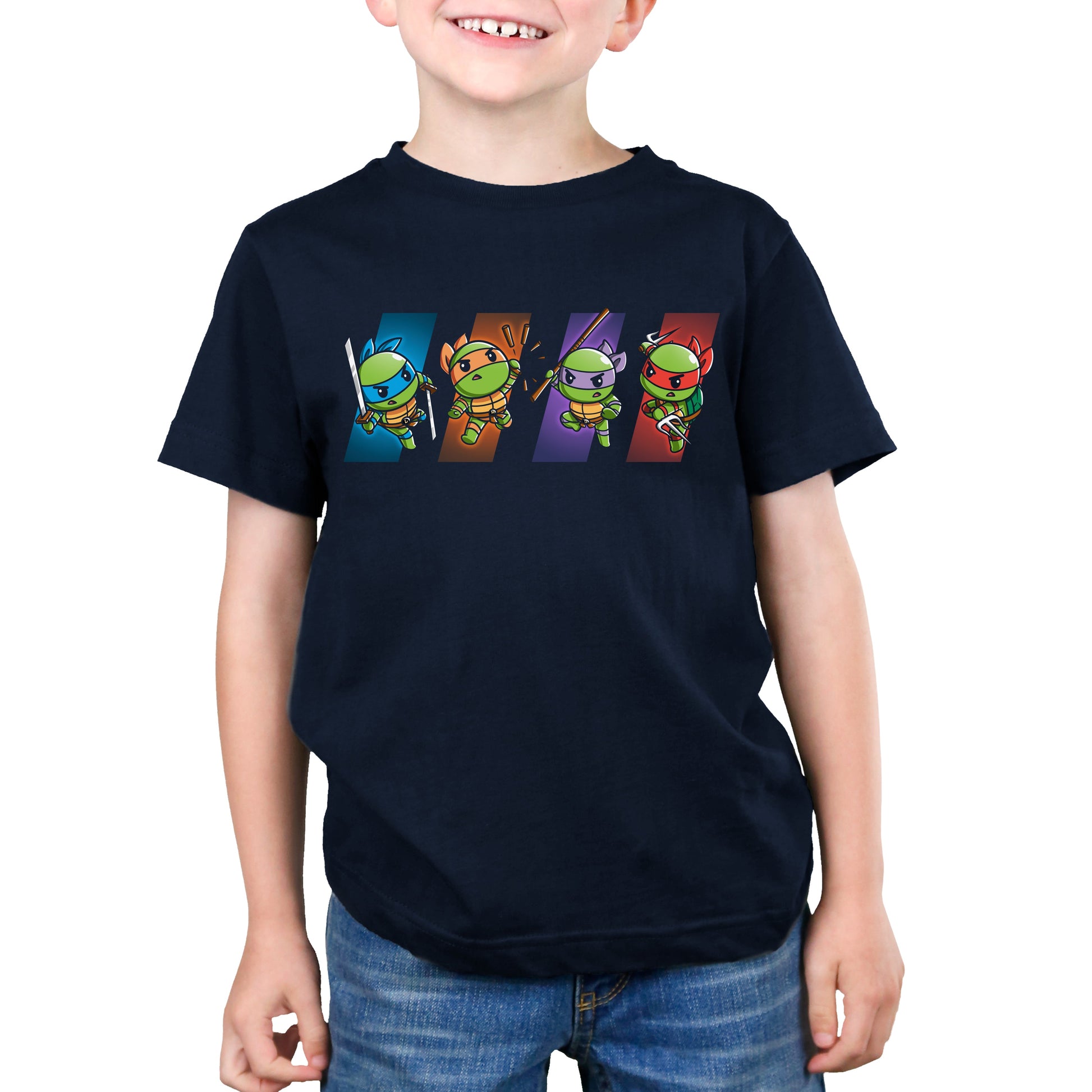 Premium Cotton T-shirt_TeeTurtle navy blue Choose Your Character: Teenage Mutant Ninja Turtles apparel featuring  Raphael, Leonardo, Michaelangelo, and Donatello in dynamic poses on colored backgrounds corresponding to their personal colors.