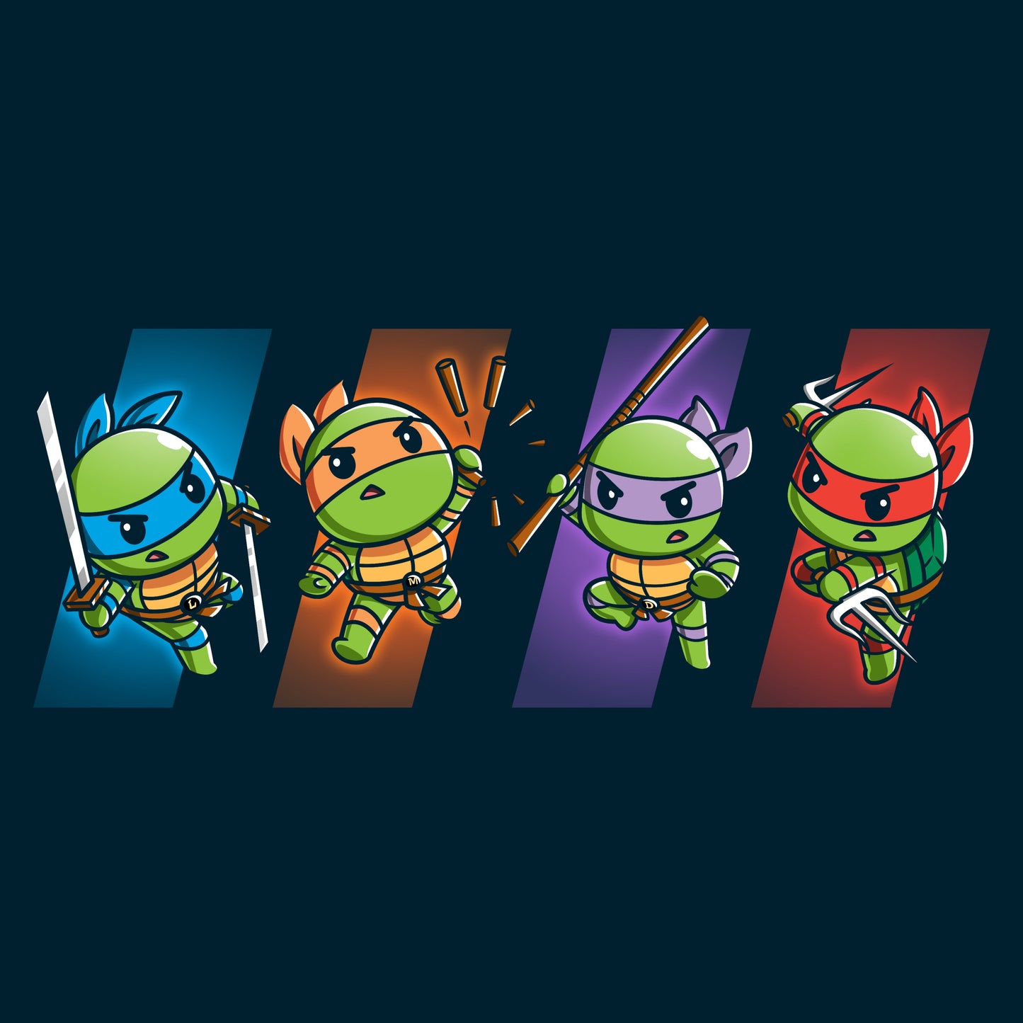 Premium Cotton T-shirt_TeeTurtle navy blue Choose Your Character: Teenage Mutant Ninja Turtles apparel featuring  Raphael, Leonardo, Michaelangelo, and Donatello in dynamic poses on colored backgrounds corresponding to their personal colors.