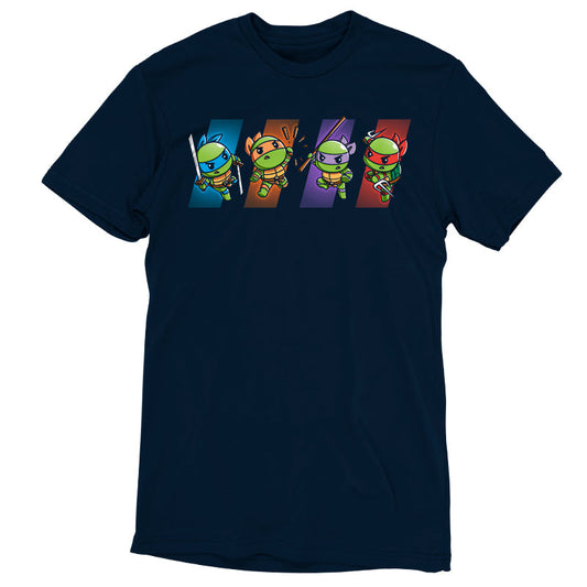 Premium Cotton T-shirt_TeeTurtle navy blue Choose Your Character: Teenage Mutant Ninja Turtles apparel featuring  Raphael, Leonardo, Michaelangelo, and Donatello in dynamic poses on colored backgrounds corresponding to their personal colors.