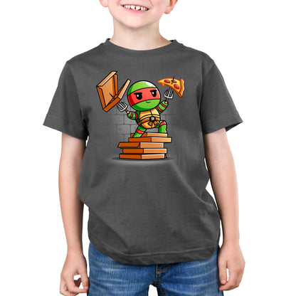 Premium Cotton T-shirt_TeeTurtle charcoal gray Pizza Power apparel featuring Raphael standing on a pile of pizza boxes with his weapons drawn.