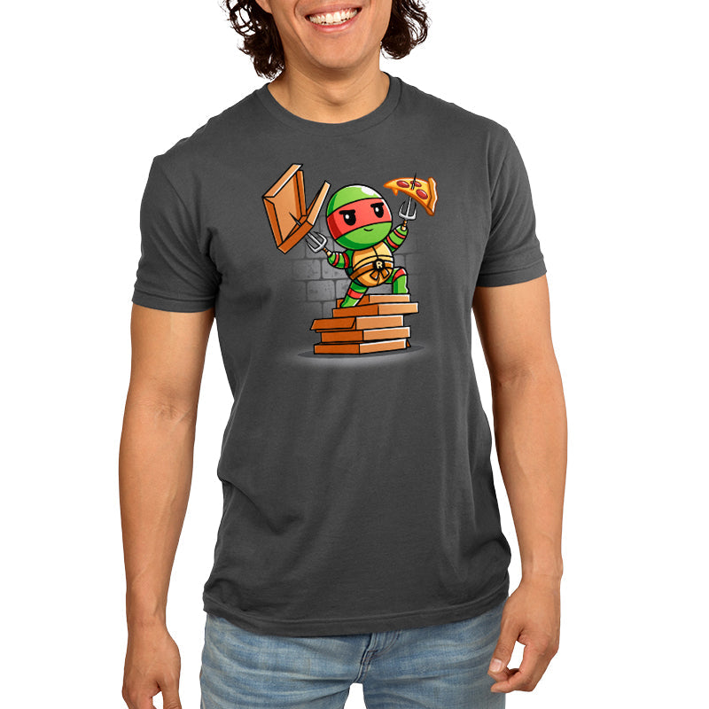 Premium Cotton T-shirt_TeeTurtle charcoal gray Pizza Power apparel featuring Raphael standing on a pile of pizza boxes with his weapons drawn.