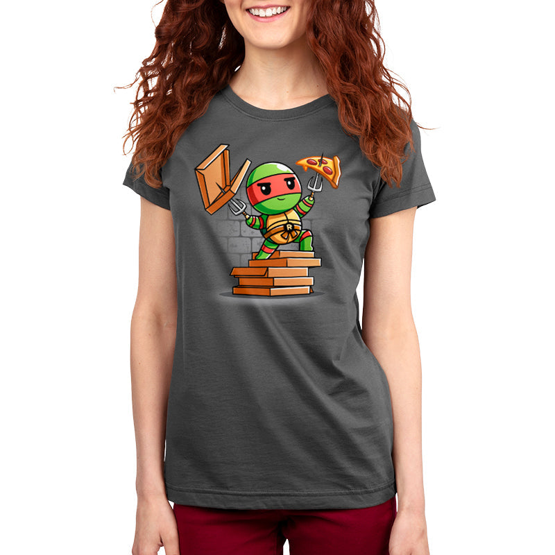 Premium Cotton T-shirt_TeeTurtle charcoal gray Pizza Power apparel featuring Raphael standing on a pile of pizza boxes with his weapons drawn.