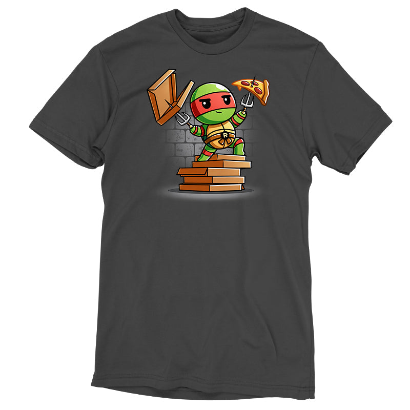 Premium Cotton T-shirt_TeeTurtle charcoal gray Pizza Power apparel featuring Raphael standing on a pile of pizza boxes with his weapons drawn.