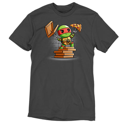 Premium Cotton T-shirt_TeeTurtle charcoal gray Pizza Power apparel featuring Raphael standing on a pile of pizza boxes with his weapons drawn.