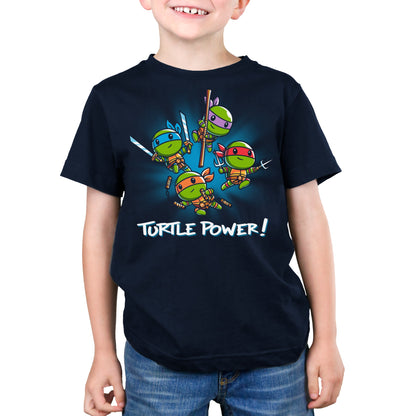 Premium Cotton T-shirt_TeeTurtle navy blue Turtle Power apparel featuring Raphael, Leonardo, Michaelangelo, and Donatello with weapons drawn in dynamic leaping poses.