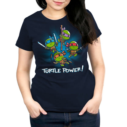 Premium Cotton T-shirt_TeeTurtle navy blue Turtle Power apparel featuring Raphael, Leonardo, Michaelangelo, and Donatello with weapons drawn in dynamic leaping poses.