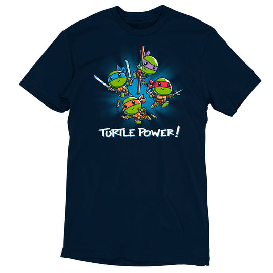 Premium Cotton T-shirt_TeeTurtle navy blue Turtle Power apparel featuring Raphael, Leonardo, Michaelangelo, and Donatello with weapons drawn in dynamic leaping poses.