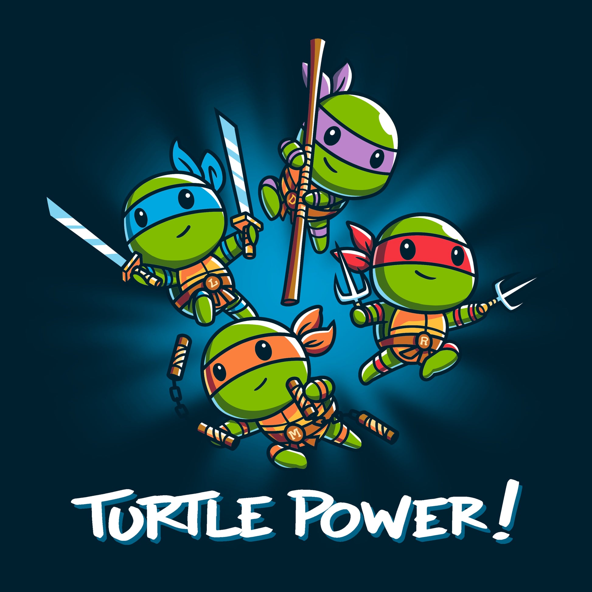 Premium Cotton T-shirt_TeeTurtle navy blue Turtle Power apparel featuring Raphael, Leonardo, Michaelangelo, and Donatello with weapons drawn in dynamic leaping poses.