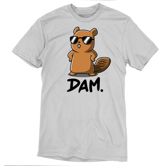 Premium Cotton T-shirt_TeeTurtle Dam. silver gray t-shirt featuring a beaver wearing sunglasses, standing with hands on hips, with the word 