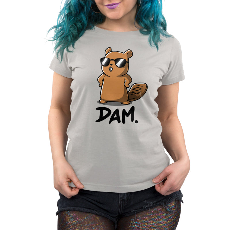 Premium Cotton T-shirt_TeeTurtle Dam. silver gray t-shirt featuring a beaver wearing sunglasses, standing with hands on hips, with the word "Dam." written below.