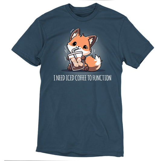 Premium Cotton T-shirt_TeeTurtle I Need Iced Coffee to Function denim blue t-shirt featuring a fox holding a cup of iced coffee.
