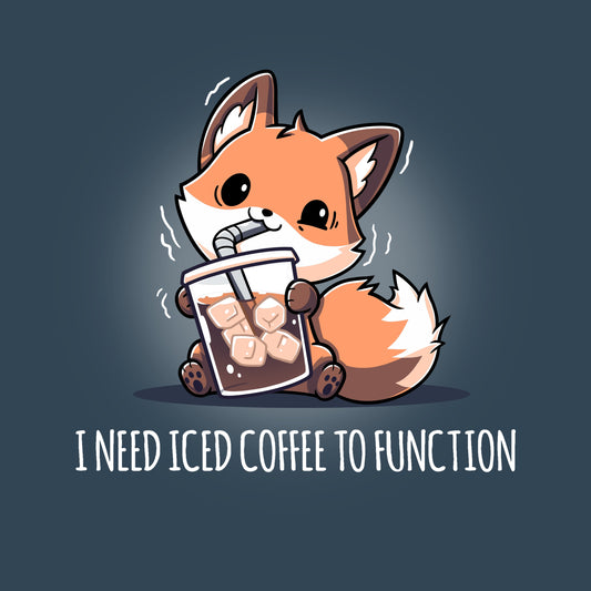 Premium Cotton T-shirt_TeeTurtle I Need Iced Coffee to Function denim blue t-shirt featuring a fox holding a cup of iced coffee.