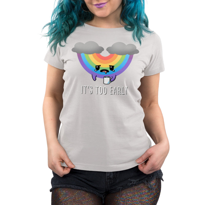 Premium Cotton T-shirt_TeeTurtle It's Too Early (Rainbow) silver gray t-shirt featuring an upside down, tired looking rainbow with storm clouds, holding a cup of coffee.