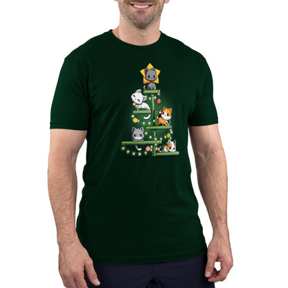 Premium Cotton T-shirt_TeeTurtle forest green Kitty Christmas Tree t-shirt featuring a group of cats on a cat tree with holiday decor draped on it.