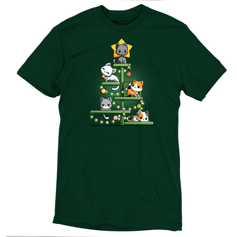 Premium Cotton T-shirt_TeeTurtle forest green Kitty Christmas Tree t-shirt featuring a group of cats on a cat tree with holiday decor draped on it.