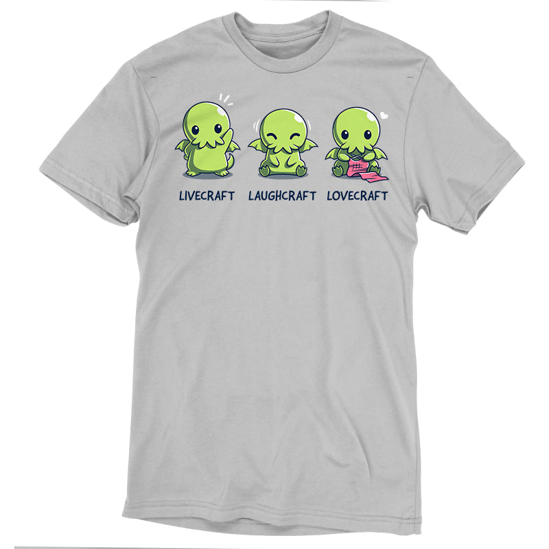 Premium Cotton T-shirt_TeeTurtle silver gray Livecraft, Laughcraft, Lovecraft. Featuring a chibi Cthulhu waving, laughing, and crafting.