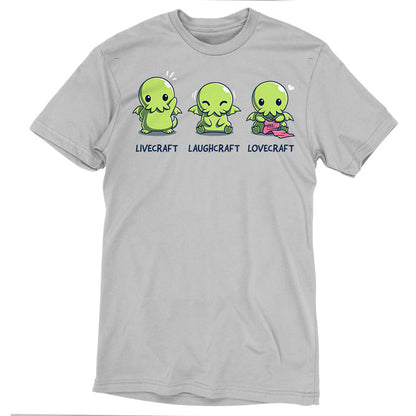 Premium Cotton T-shirt_TeeTurtle silver gray Livecraft, Laughcraft, Lovecraft. Featuring a chibi Cthulhu waving, laughing, and crafting.