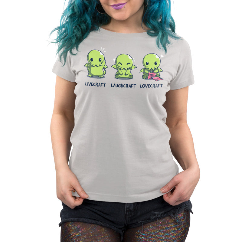 Premium Cotton T-shirt_TeeTurtle silver gray Livecraft, Laughcraft, Lovecraft. Featuring a chibi Cthulhu waving, laughing, and crafting.