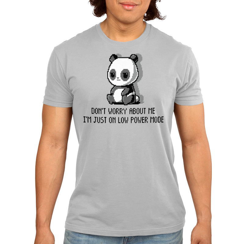 Premium Cotton T-shirt_TeeTurtle Low Power Mode silver gray t-shirt featuring pixel art of a panda sitting with the text "Don't worry about me, I'm just on low power mode" in a playful, retro style.