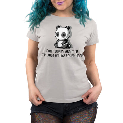 Premium Cotton T-shirt_TeeTurtle Low Power Mode silver gray t-shirt featuring pixel art of a panda sitting with the text "Don't worry about me, I'm just on low power mode" in a playful, retro style.